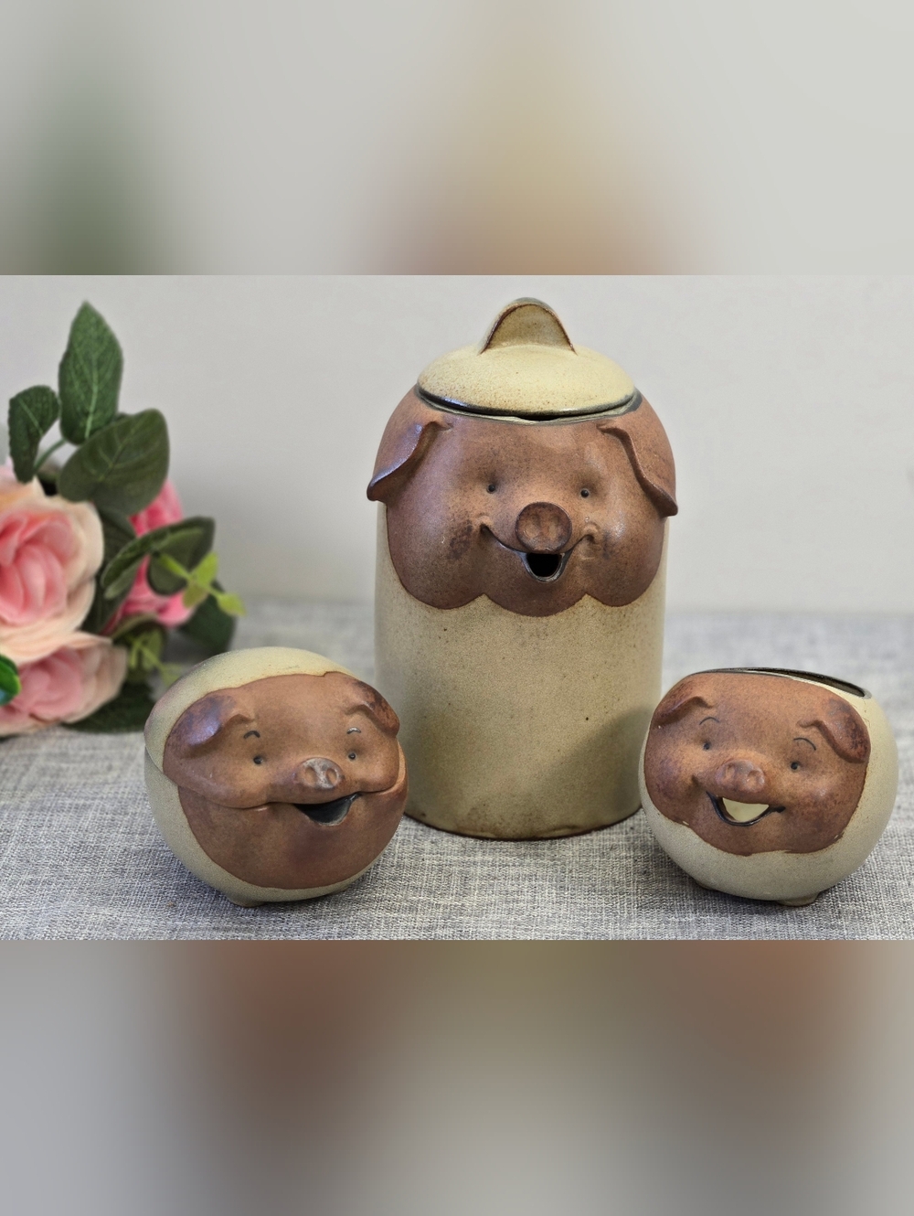 Vintage Set Of 3 UCTCI Lauren Japan Pig Set Teapot Creamer & Sugar Bowl Japan